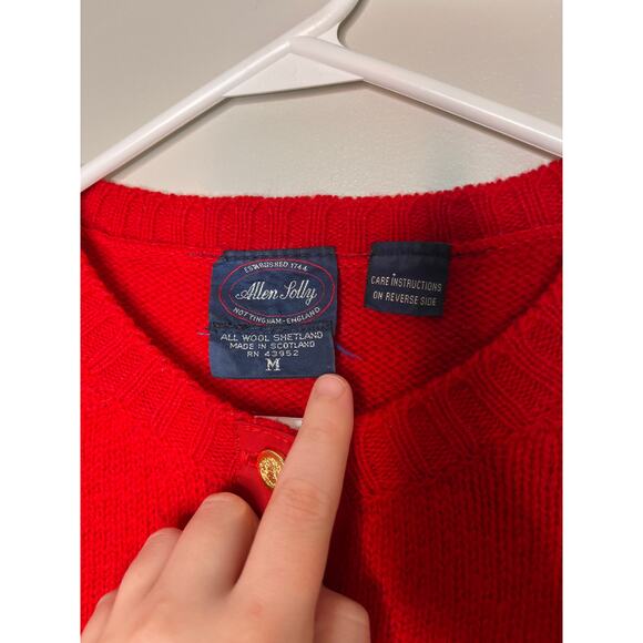 1980s Allen Solly Christmas Red Gold Shetland Wool Old Money Holiday Cardigan M - Picture 2 of 4